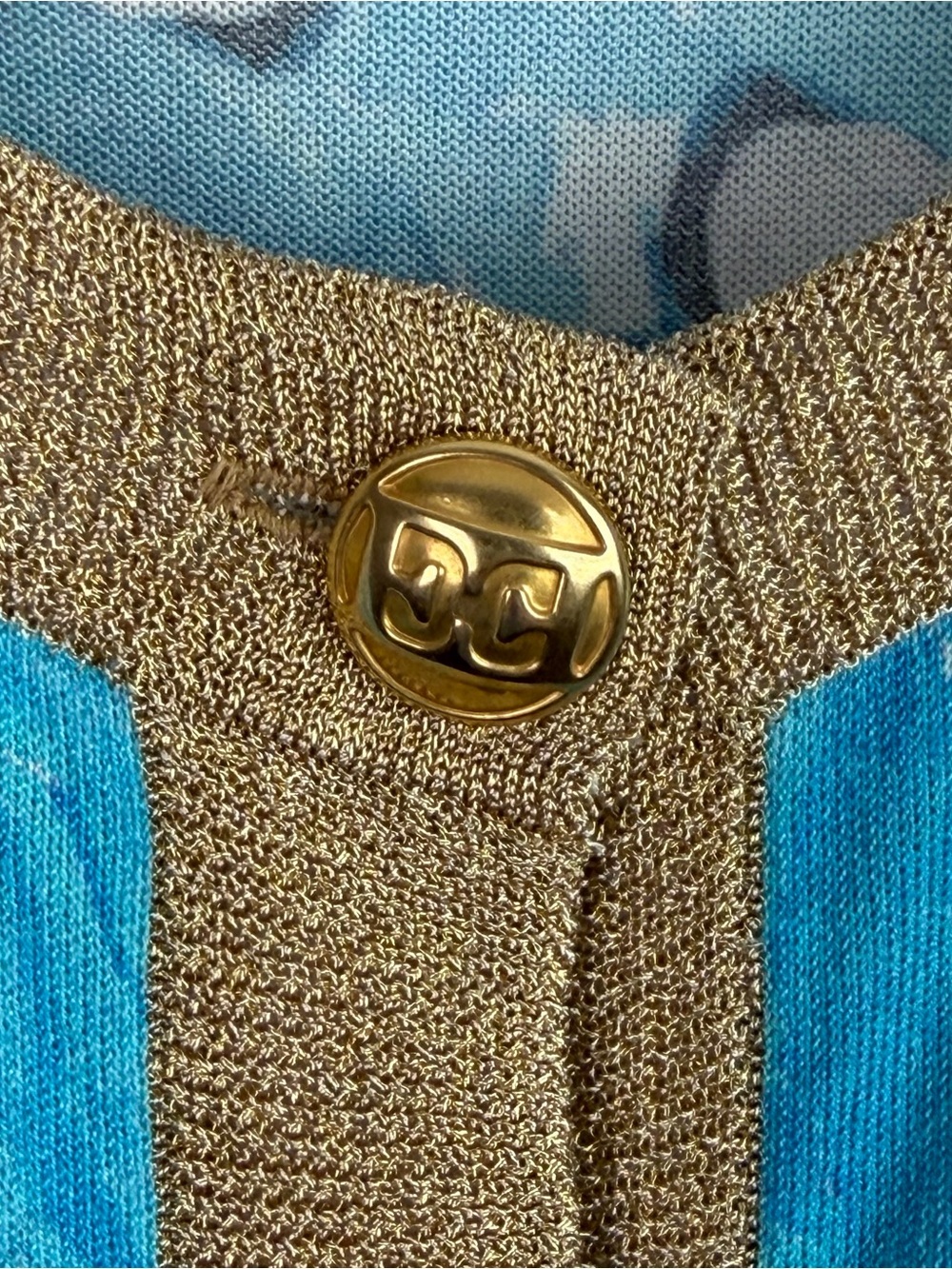 Escada | Blue White Floral Gold Button Lightweight Cardigan Sweater - Picture 4 of 10
